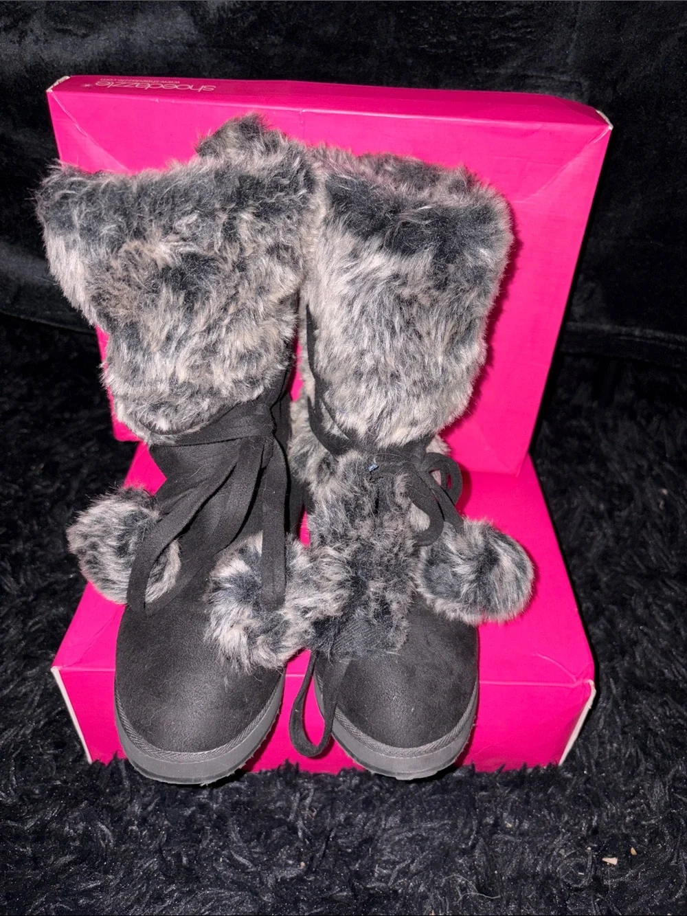 Shoe Dazzle Black Faux Fur Pom Winter Boots